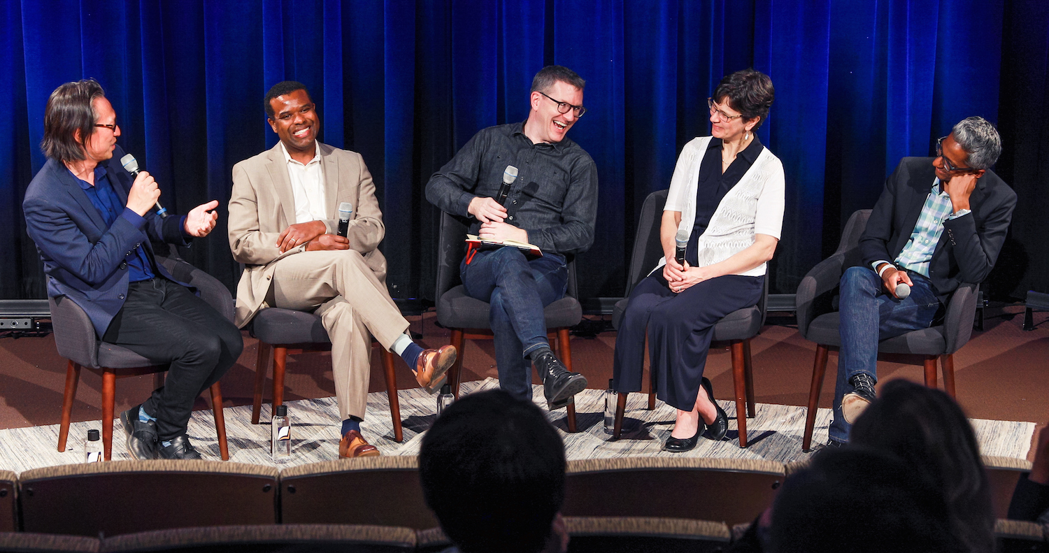 (Culture Care Summit 2018 | Creation and New Creation) For the third annual Culture Care Summit, Brehm Center director Mako Fujimura hosted a conversation on culture care in education, journalism, and more. (Pictured left to right: Makoto Fujimura, Ivan Penn, Andy Crouch, Catherine Hirshfield Crouch, Satyan Devadoss)